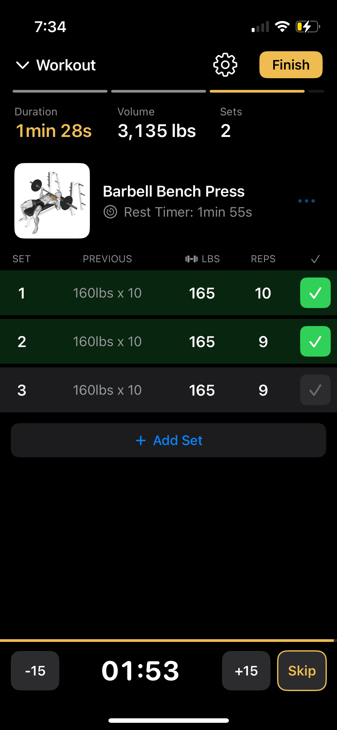 LYFTER iOS app showing a barbell bench press workout in progress